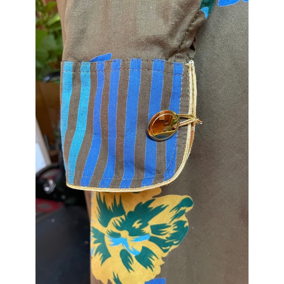 BIS Womens Vintage Midi Dress Khaki Floral High Button Neck Long Sleeve Petite - Picture 7 of 10